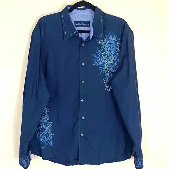 Malibu Cowboy Men’s Navy Embroider Western Cotton Button Down Shirt Size XL - Picture 1 of 12